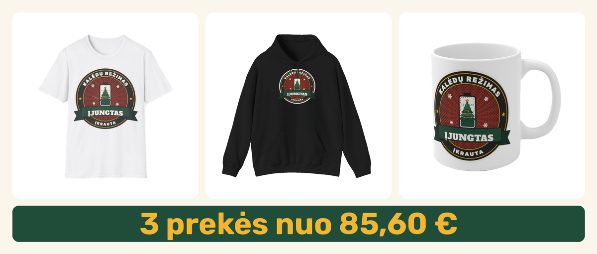 Rinkinys Kalėdoms: marškinėliai, džemperis su gobtuvu ir puodelis – 3 prekės nuo 85,60 €