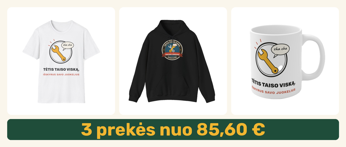 Rinkinys tėčiui: marškinėliai, džemperis su gobtuvu ir puodelis – 3 prekės nuo 85,60 €