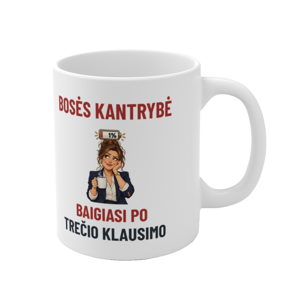 Puodelis „Bosės kantrybė baigiasi po trečio klausimo“ – vaizdas iš dešinės