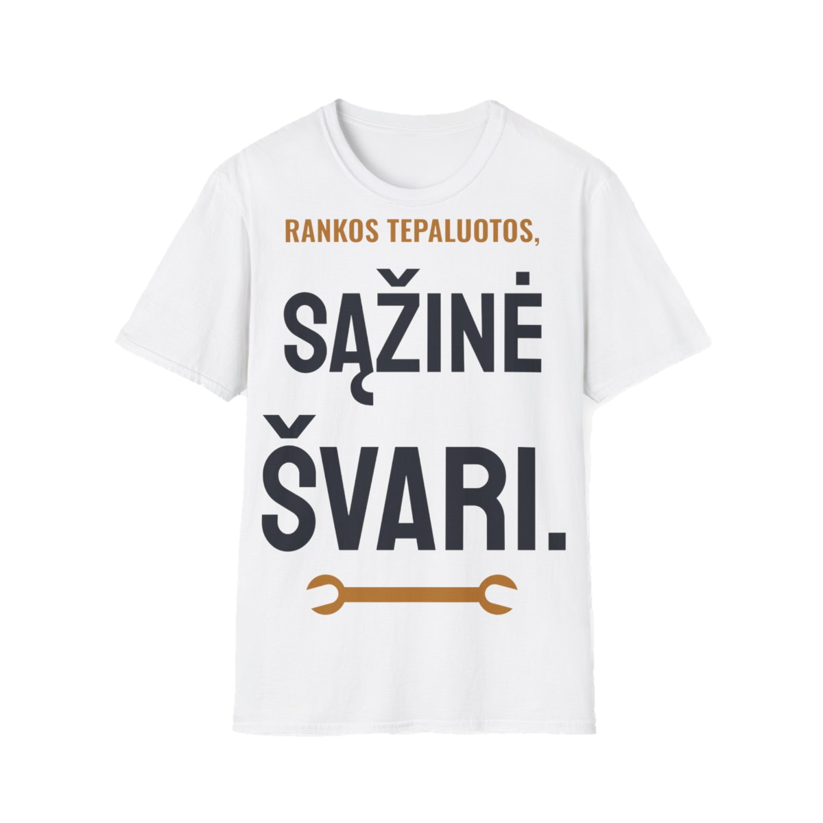 Marškinėliai „Rankos tepaluotos, sąžinė švari“ – balta
