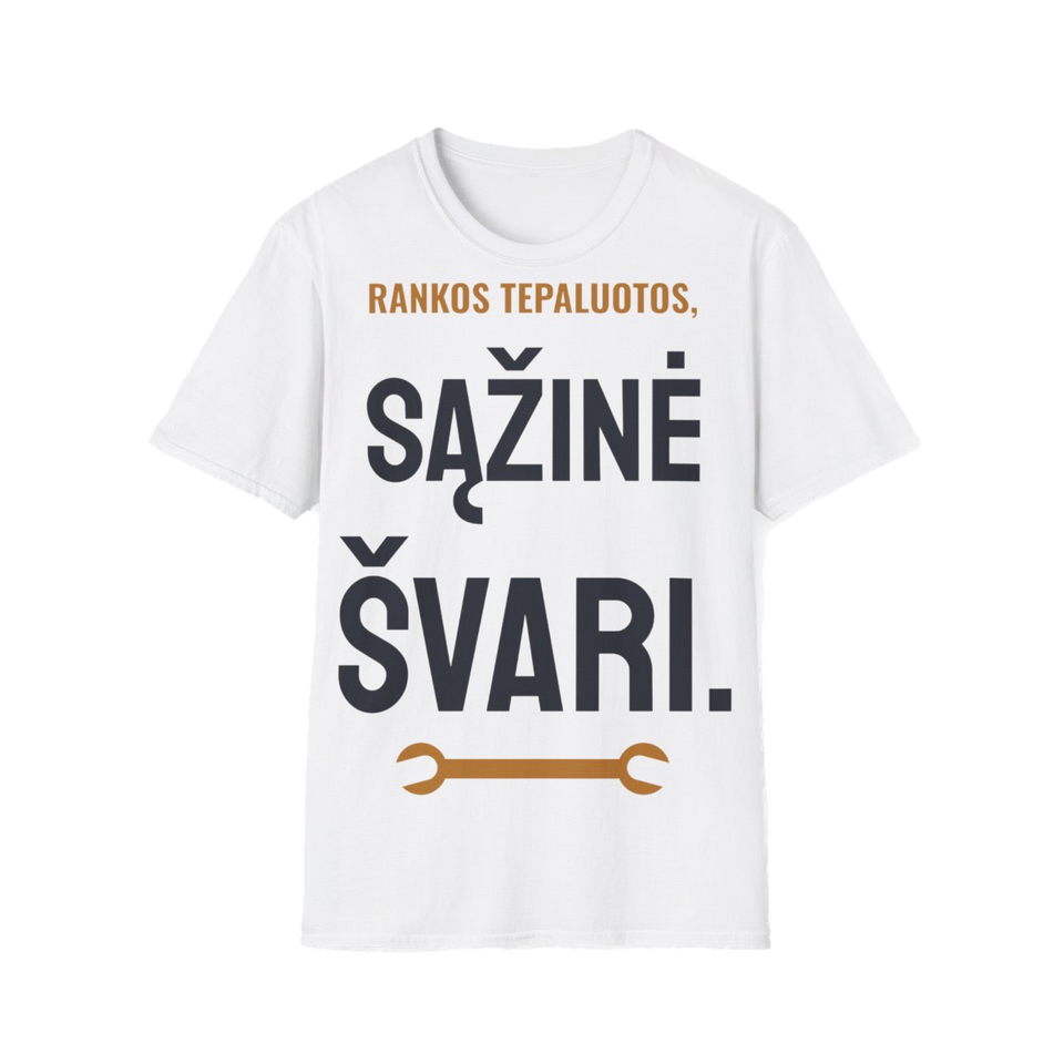 Marškinėliai „Rankos tepaluotos, sąžinė švari“ – balta