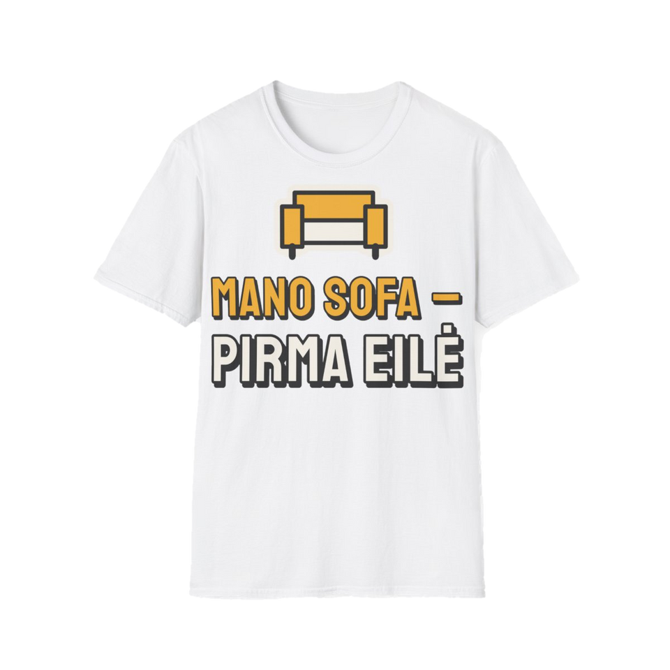 Marškinėliai „Mano sofa – pirma eilė“ – balta