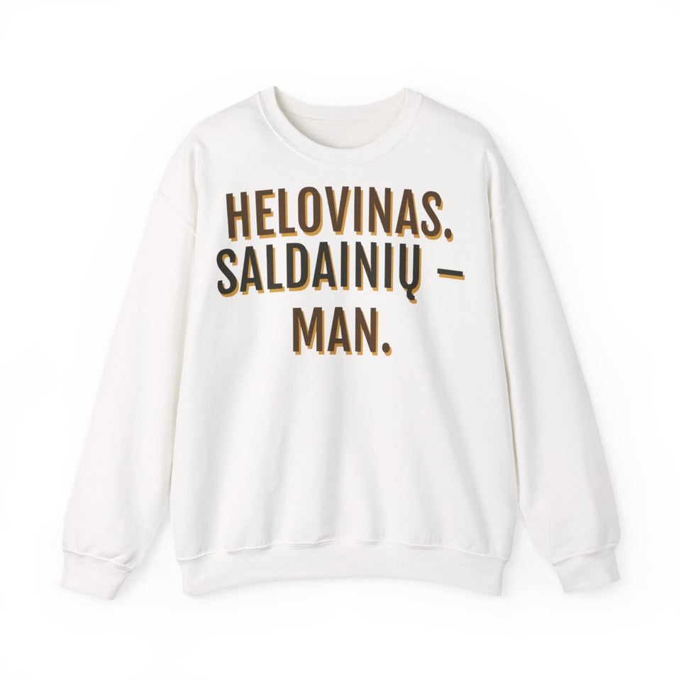 Džemperis „Helovinas. Saldainių – man.“ – balta