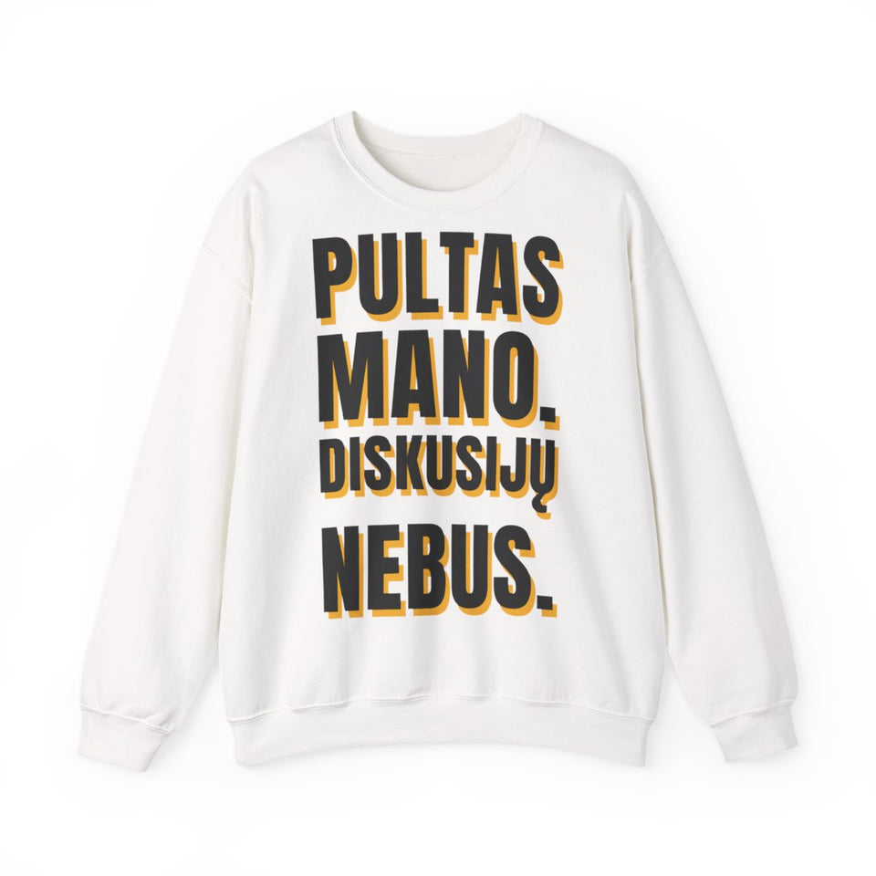 Džemperis „Pultas mano. Diskusijų nebus.“ – balta