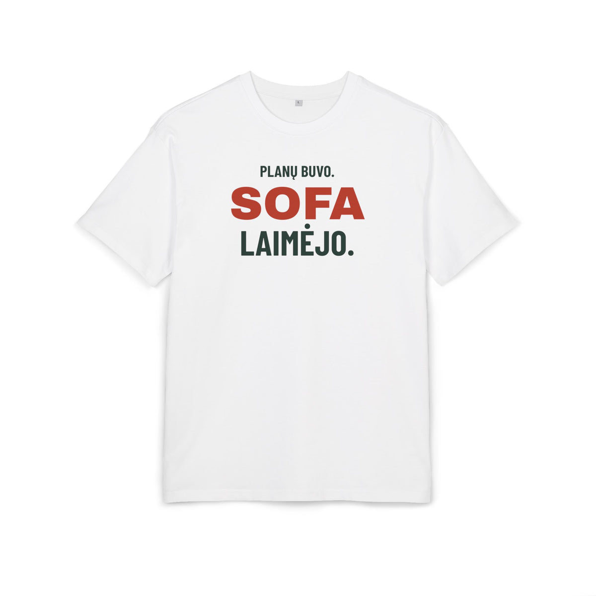 Laisvo kirpimo marškinėliai „Planų buvo. Sofa laimėjo“ – Build Your Brand BY102 gaminio vaizdas 1