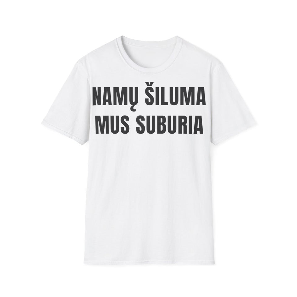 Marškinėliai „Namų šiluma mus suburia“ – balta