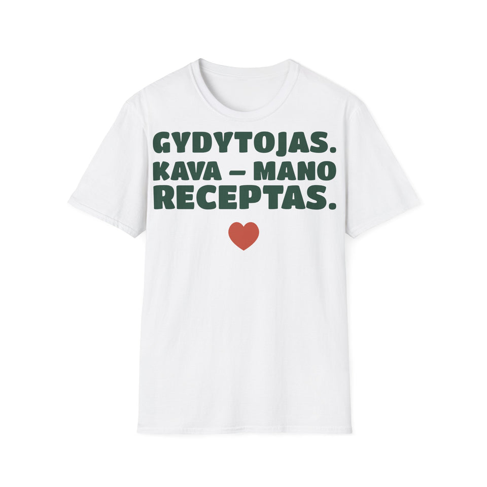 Gydytojas. Kava – mano receptas. — Marškinėliai, spaudos pusė