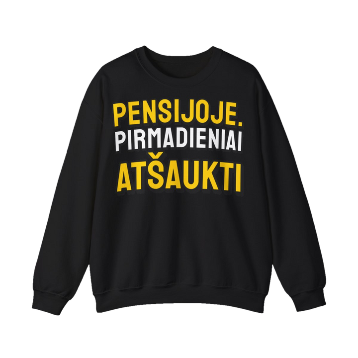 Džemperis „Pensijoje. Pirmadieniai atšaukti“ – juoda