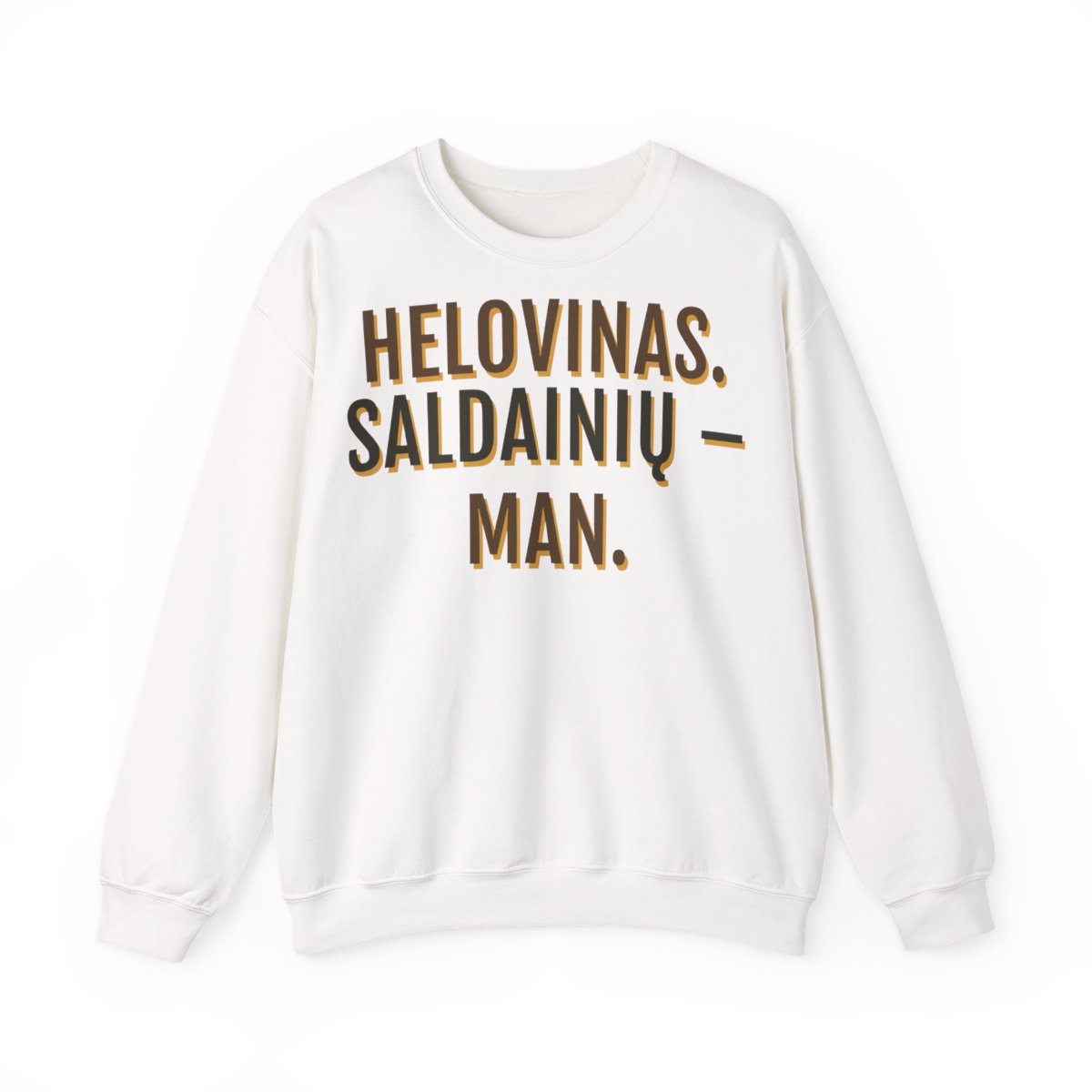 Džemperis „Helovinas. Saldainių – man.“ – balta