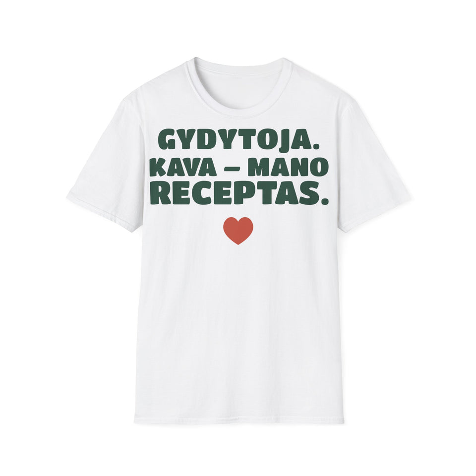 Gydytoja. Kava – mano receptas. — Marškinėliai, spaudos pusė