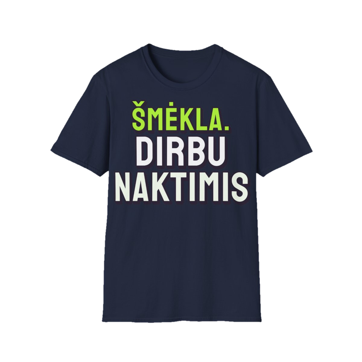 Marškinėliai „Šmėkla. Dirbu naktimis“ – tamsiai mėlyna