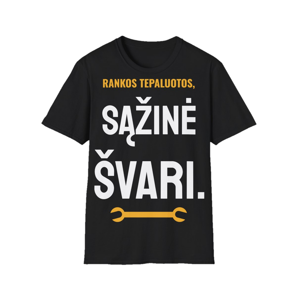 Marškinėliai „Rankos tepaluotos, sąžinė švari“ – juoda