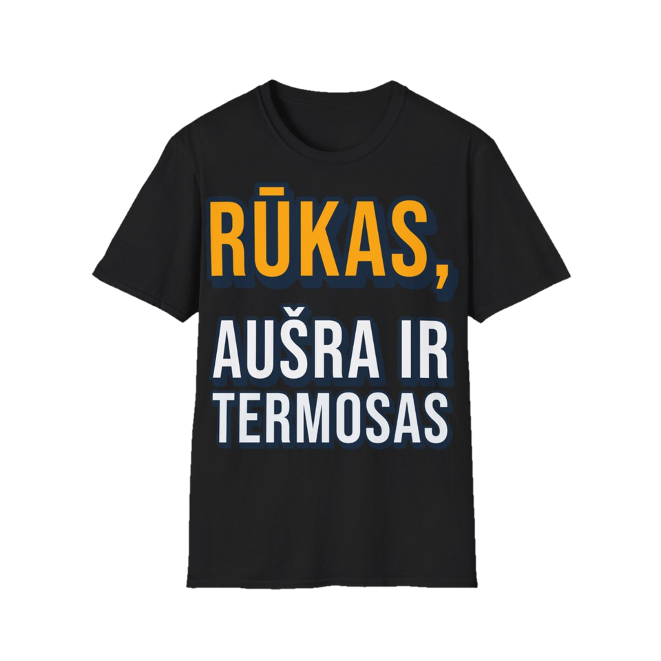 Marškinėliai „Rūkas, aušra ir termosas“ – juoda