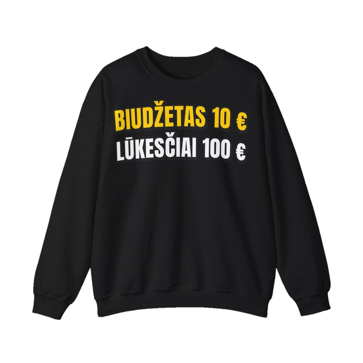 Džemperis „Biudžetas – 10 €. Lūkesčiai – 100 €“ – juoda