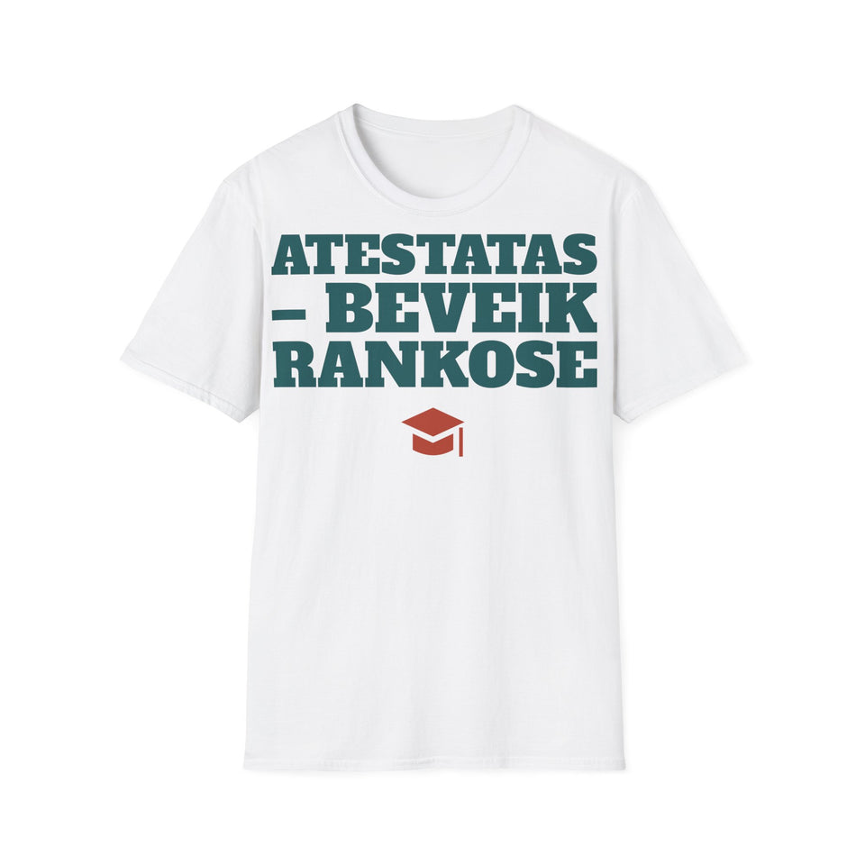 Atestatas – beveik rankose — Marškinėliai, spaudos pusė