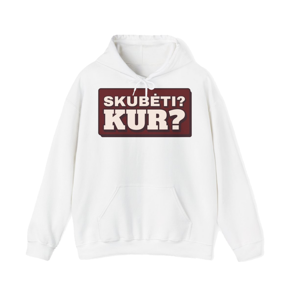 Džemperis su gobtuvu „Skubėti? Kur?“ – balta