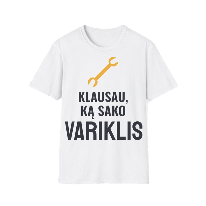 Marškinėliai „Klausau, ką sako variklis“ – balta