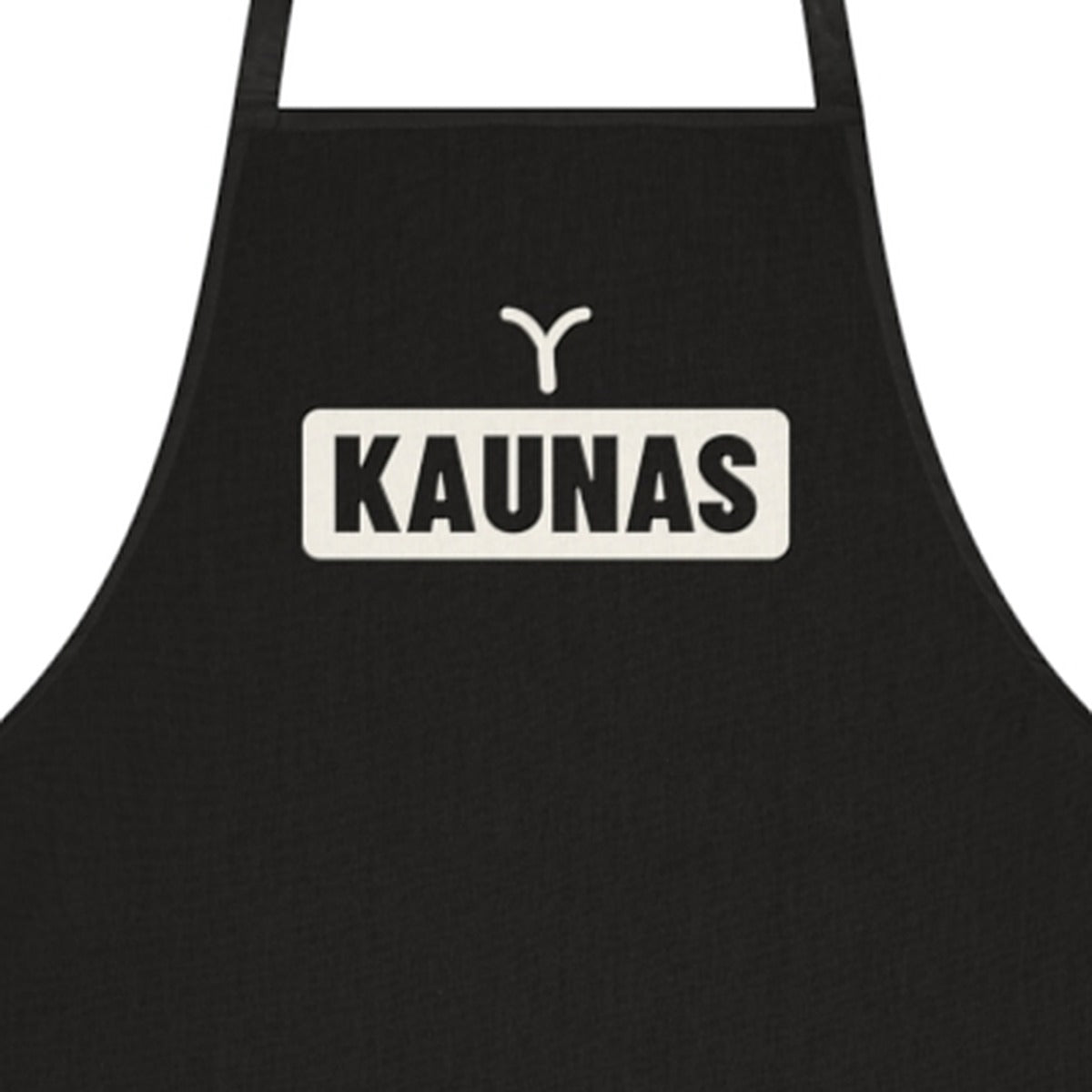 Prijuostė „Kaunas“ – juoda, spaudos stambus planas