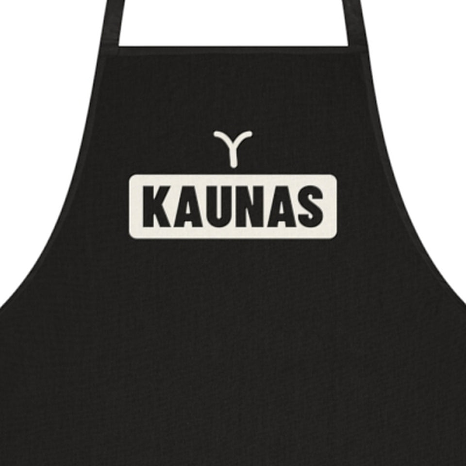 Prijuostė „Kaunas“ – juoda, spaudos stambus planas