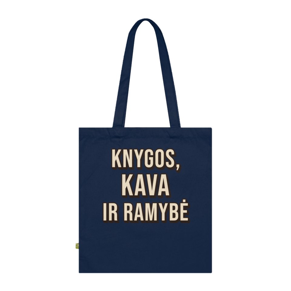 Medžiaginis krepšys „Knygos, kava ir ramybė“ – tamsiai mėlyna