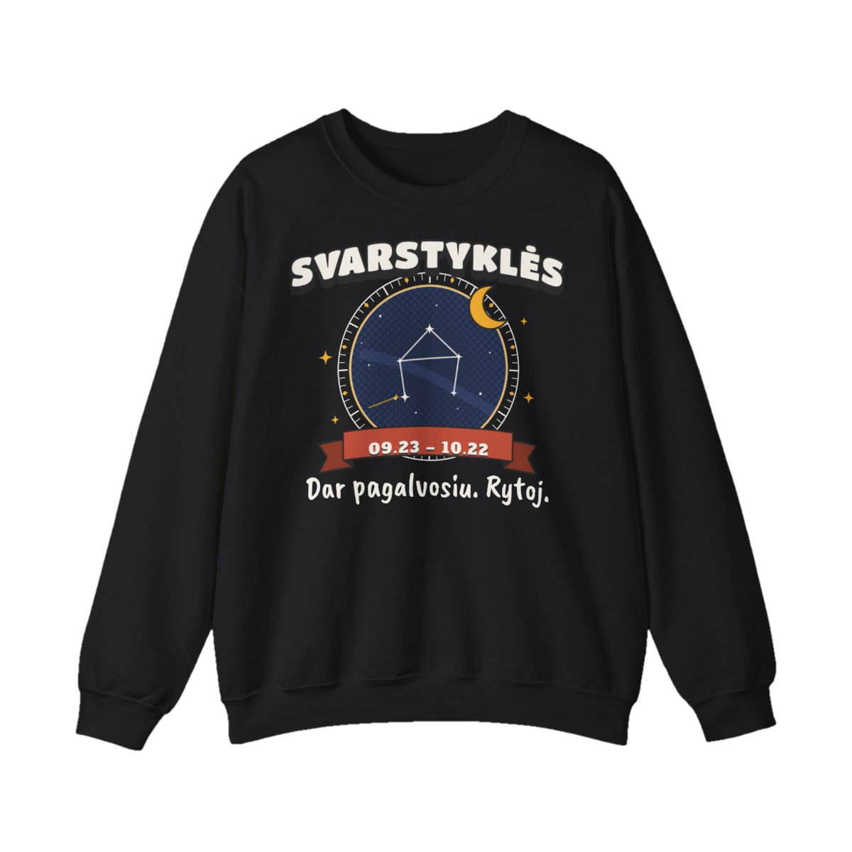 Džemperis „Svarstyklės: Dar pagalvosiu. Rytoj.“ – juoda