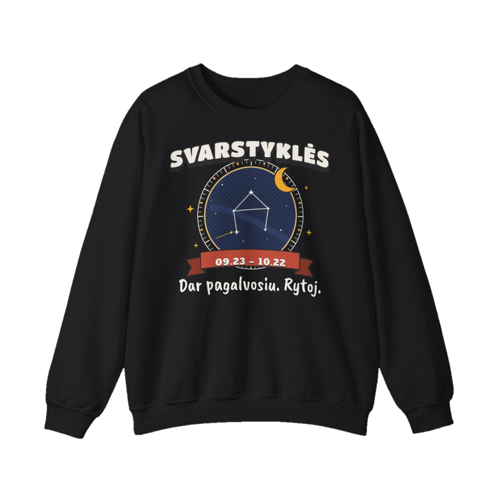 Džemperis „Svarstyklės: Dar pagalvosiu. Rytoj.“ – juoda