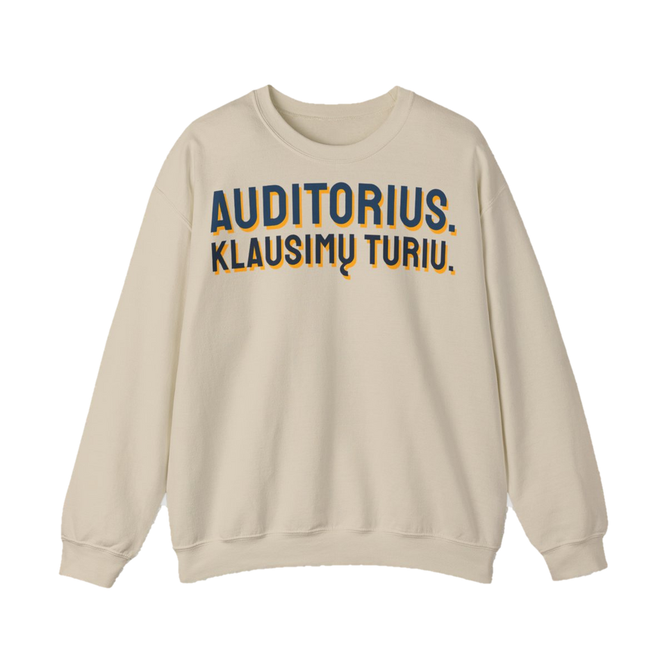 Džemperis „Auditorius. Klausimų turiu.“ – smėlinė