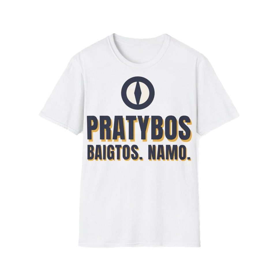 Marškinėliai „Pratybos baigtos. Namo.“ – balta