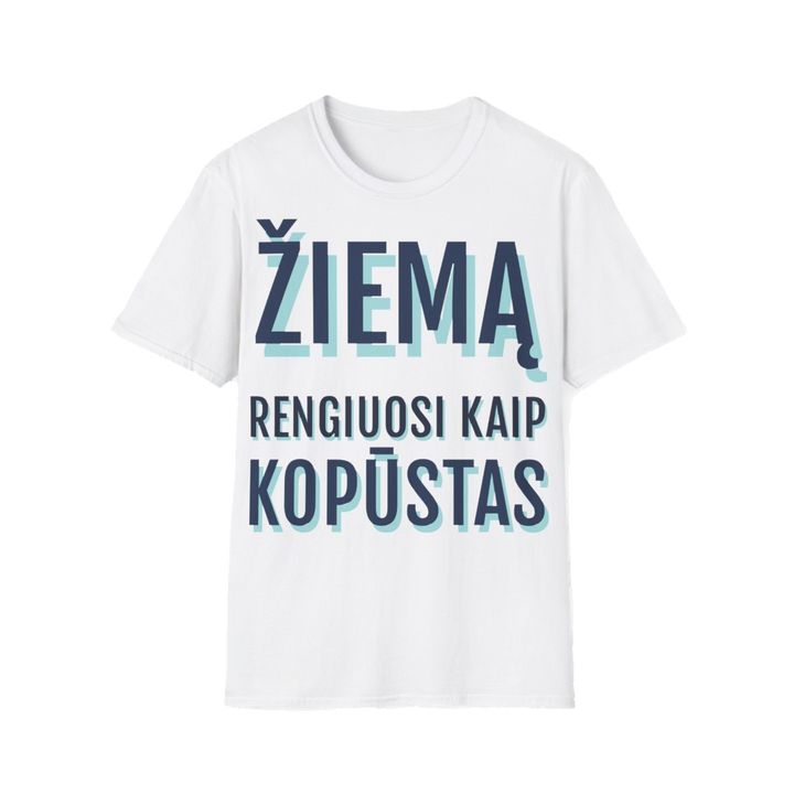Marškinėliai „Žiemą rengiuosi kaip kopūstas“ – balta