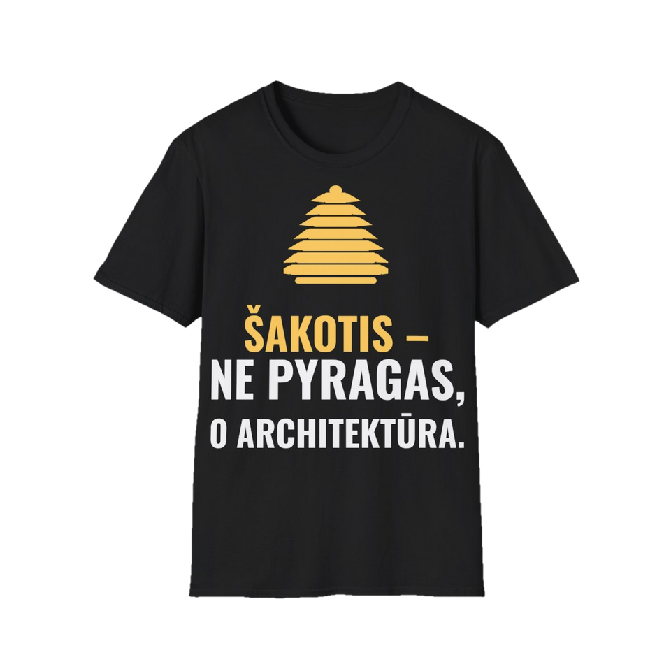 Marškinėliai „Šakotis – ne pyragas, o architektūra“ – juoda