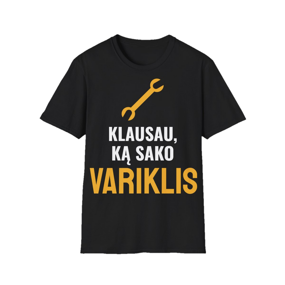 Marškinėliai „Klausau, ką sako variklis“ – juoda
