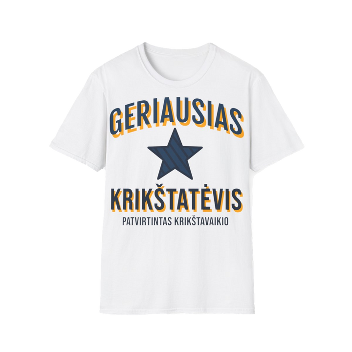 Marškinėliai „Geriausias krikštatėvis. Patvirtintas krikštavaikio“ – balta