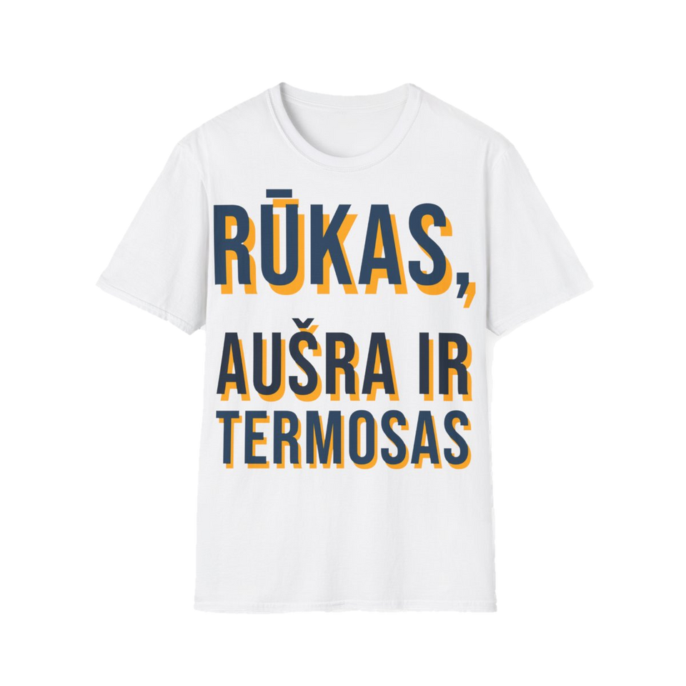 Marškinėliai „Rūkas, aušra ir termosas“ – balta