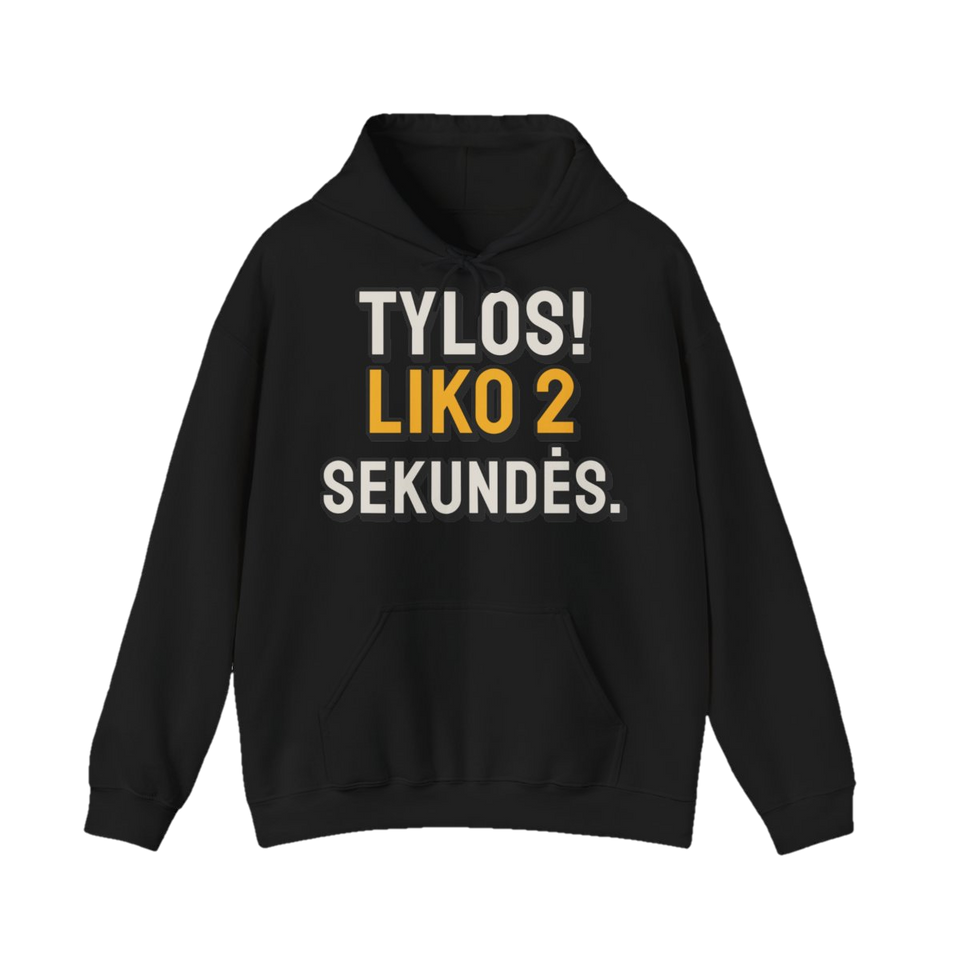 Džemperis su gobtuvu „Tylos! Liko 2 sekundės.“ – juoda