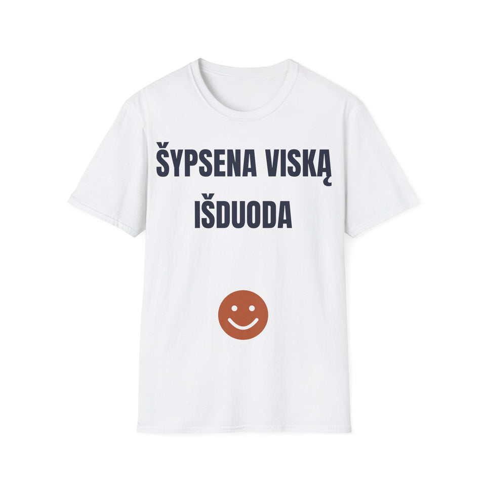 Šypsena viską išduoda — Marškinėliai, spaudos vaizdas