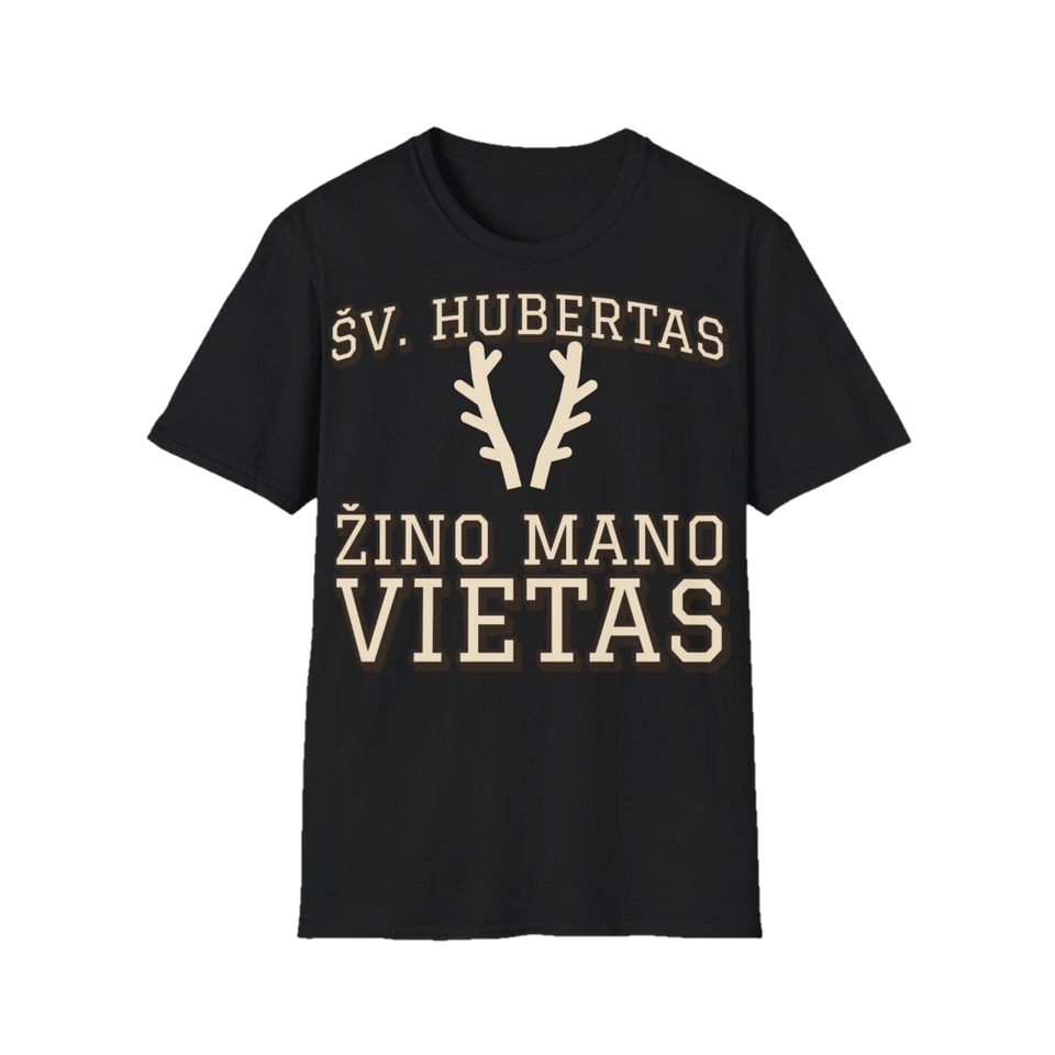 Marškinėliai „Šv. Hubertas žino mano vietas“ – juoda