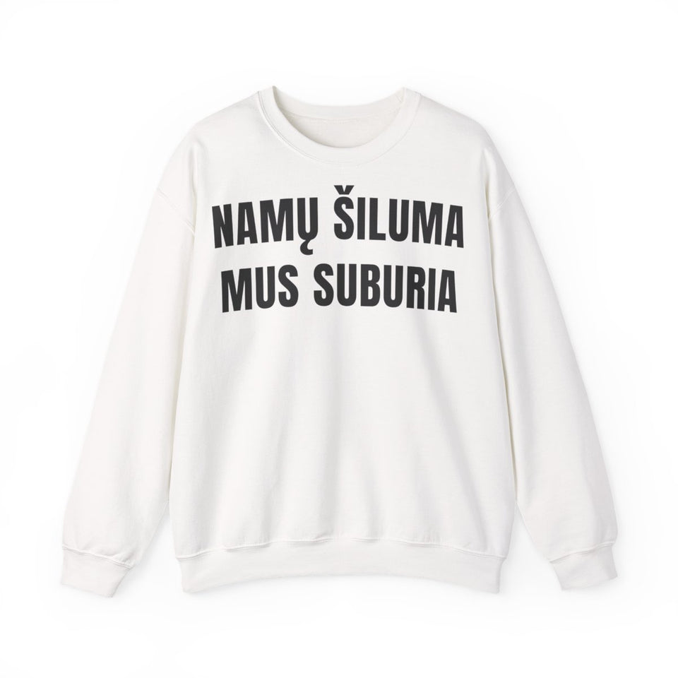 Džemperis „Namų šiluma mus suburia“ – balta