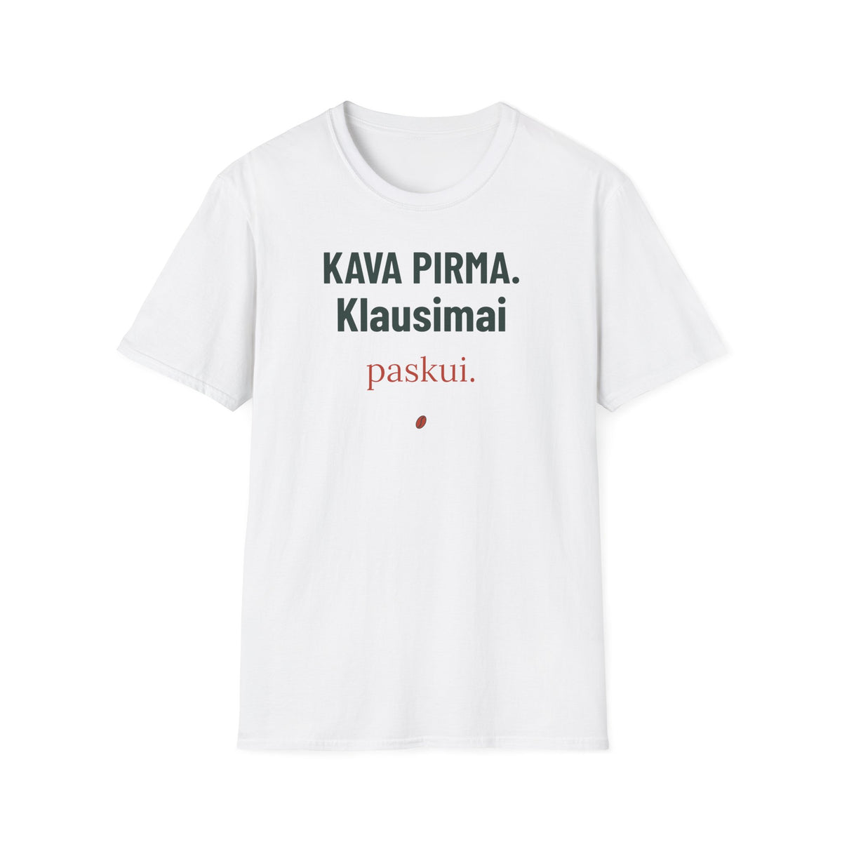 Marškinėliai „Kava pirma. Klausimai paskui“ – Gildan 64000 gaminio vaizdas 1