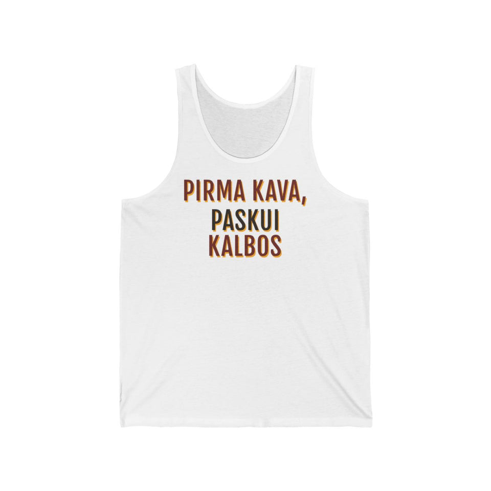 Kava pirmiau, kalbos paskui – Berankoviai marškinėliai „Pirma kava, paskui kalbos“ – balta