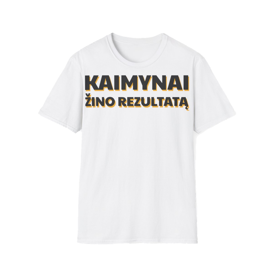 Marškinėliai „Kaimynai žino rezultatą“ – balta