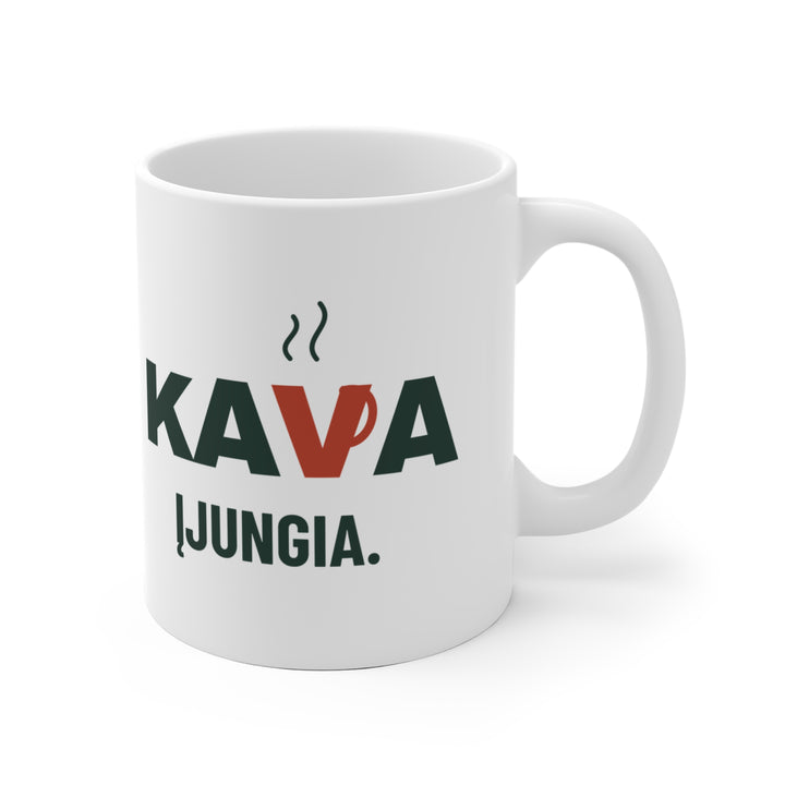 Keraminis puodelis „Kava įjungia“ – dizainas iš dešinės, rankenėlė dešinėje
