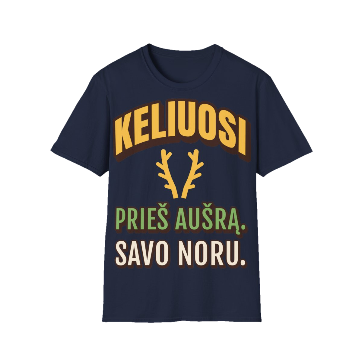 Marškinėliai „Keliuosi prieš aušrą. Savo noru.“ – tamsiai mėlyna