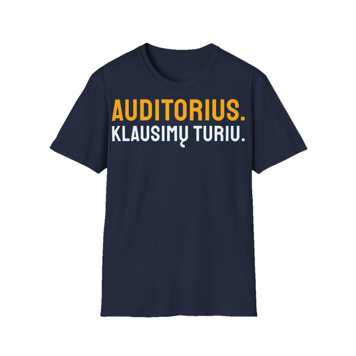 Marškinėliai „Auditorius. Klausimų turiu.“ – tamsiai mėlyna
