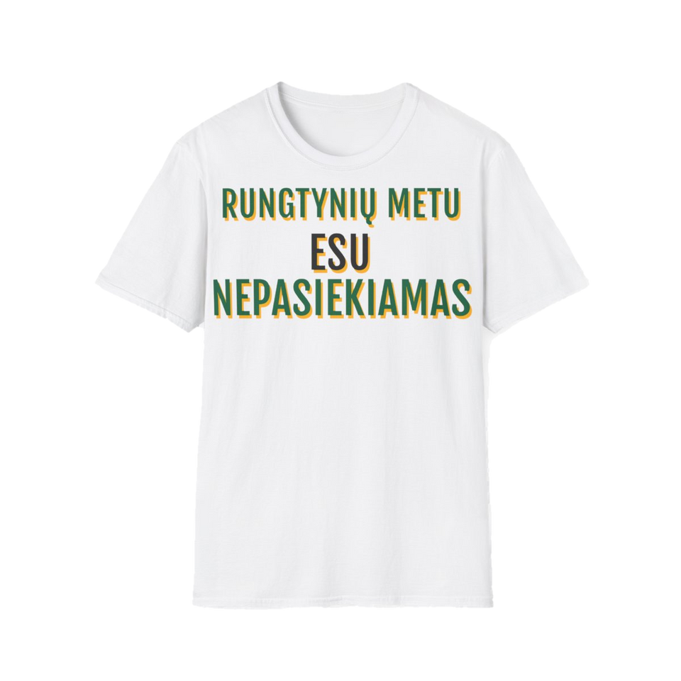 Marškinėliai „Rungtynių metu esu nepasiekiamas“ – balta