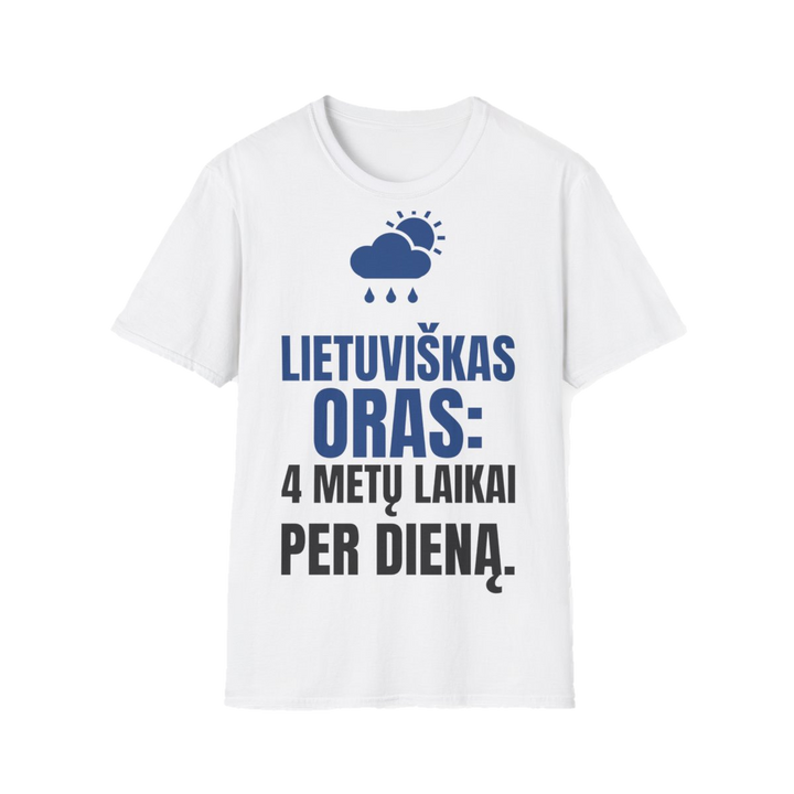 Marškinėliai „Lietuviškas oras: 4 metų laikai per dieną“ – balta