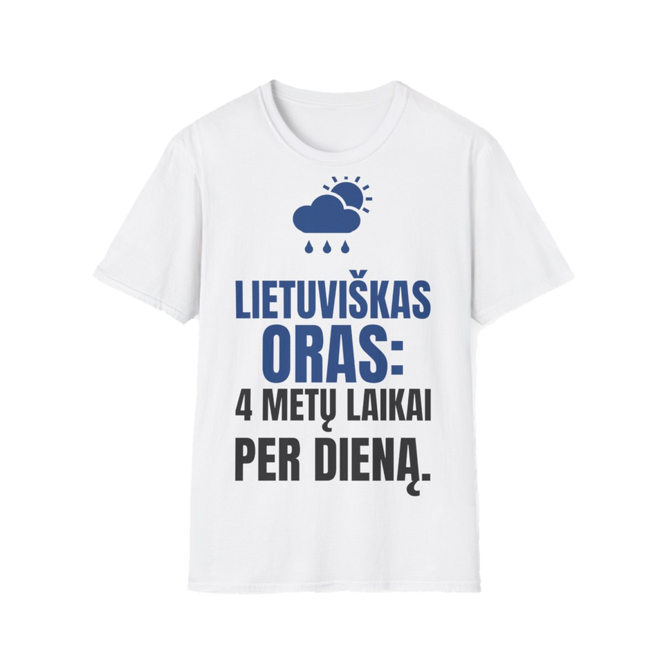 Marškinėliai „Lietuviškas oras: 4 metų laikai per dieną“ – balta