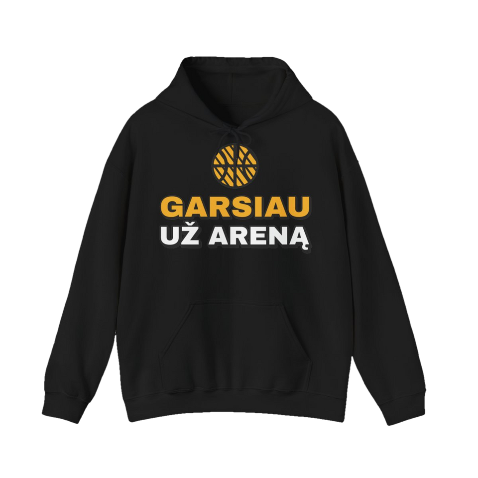 Džemperis su gobtuvu „Garsiau už areną“ – juoda