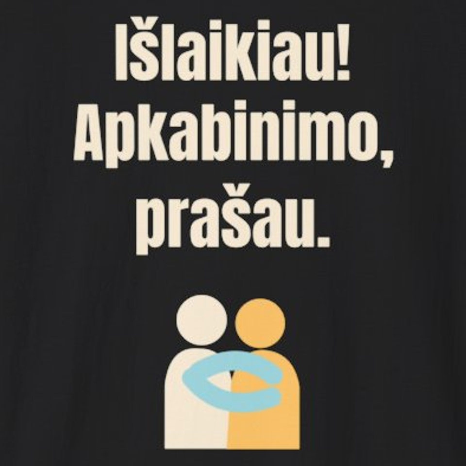 Išlaikiau! Apkabinimo, prašau. – marškinėliai, spaudos vaizdas