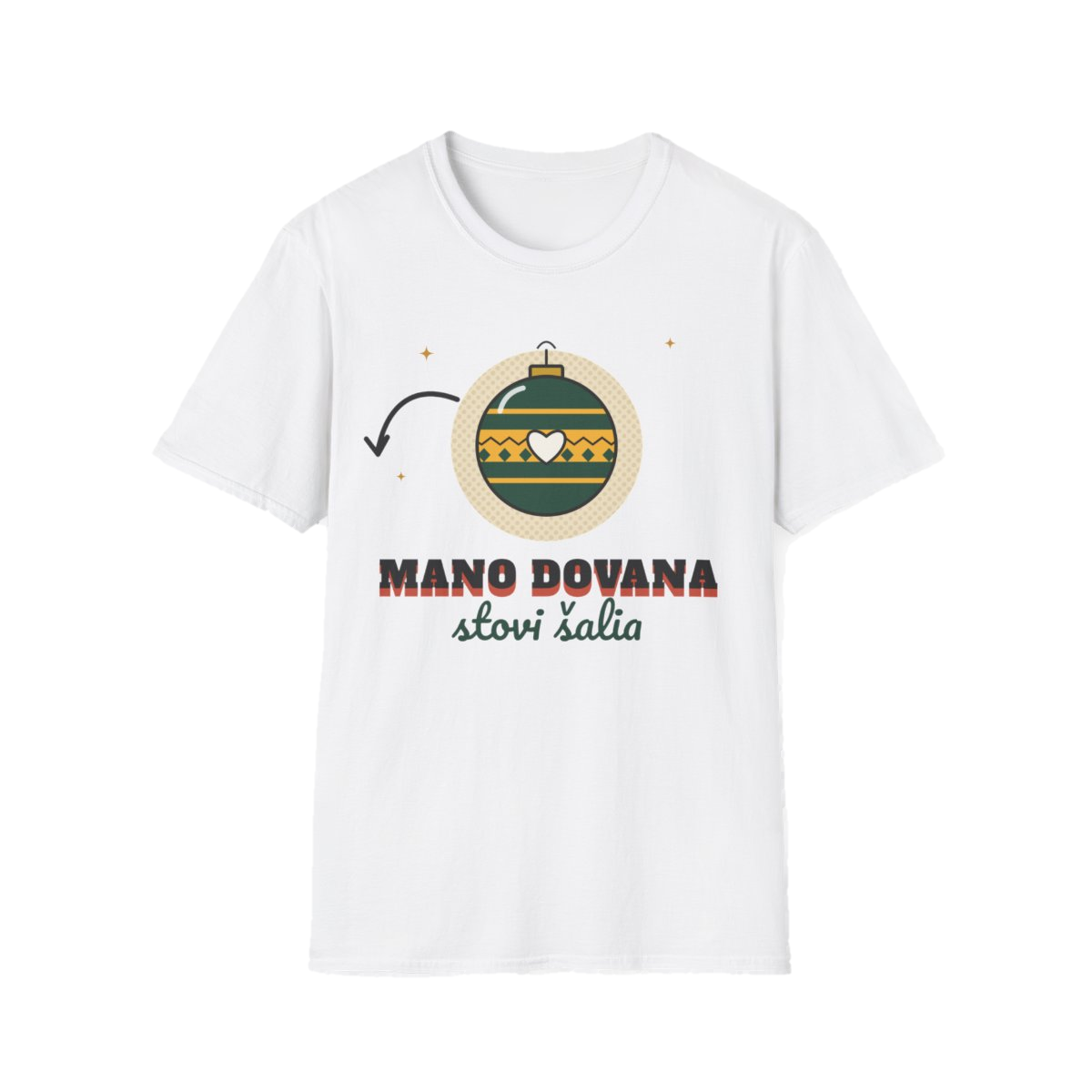 Marškinėliai „← Mano dovana stovi šalia“ – balta
