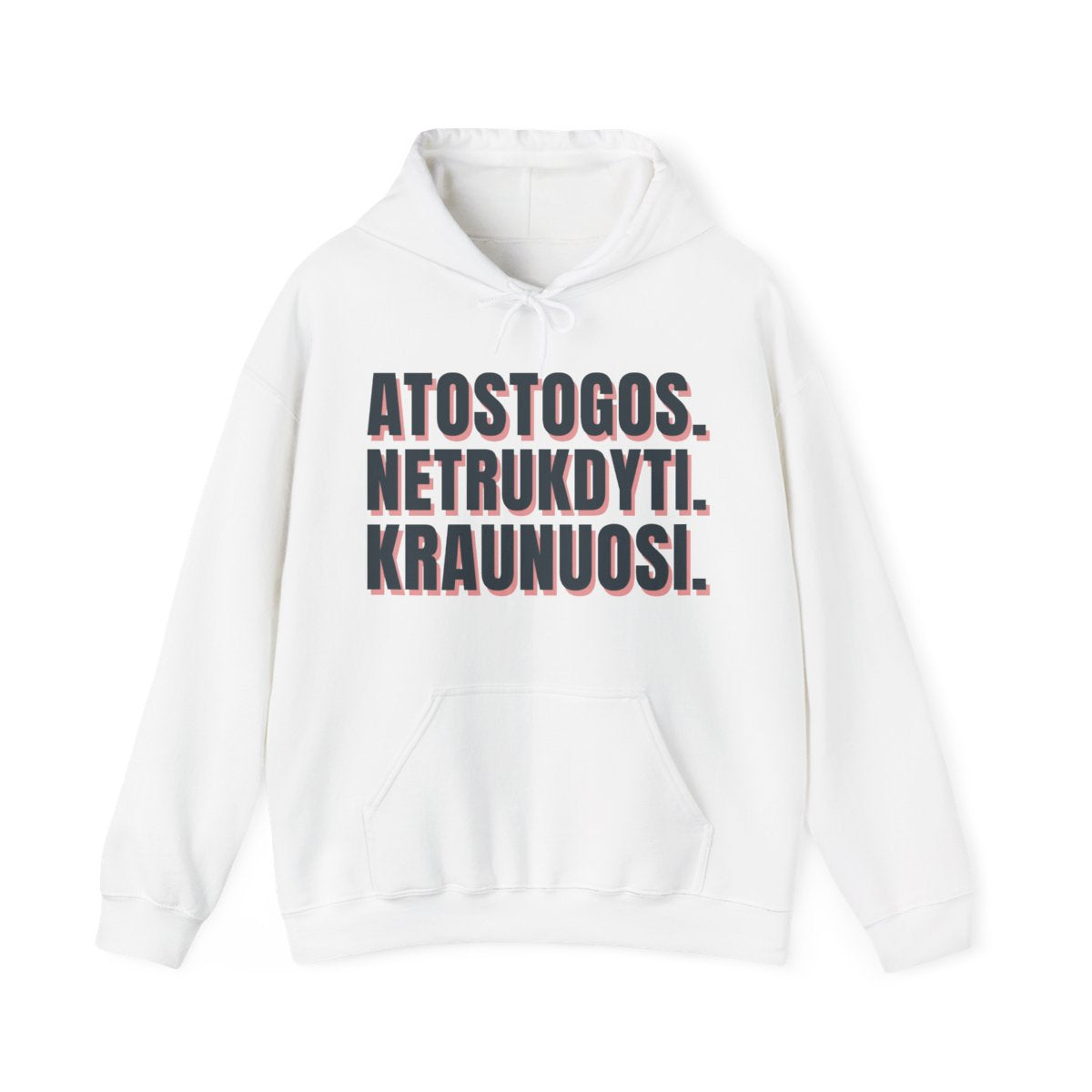 Džemperis su gobtuvu „Atostogos. Netrukdyti. Kraunuosi.“ – balta